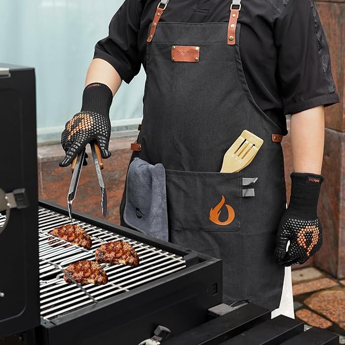 onlyfire Cooking Chef Apron with Pockets, 1472°F Heat Resistant Grill Gloves and Cleaning Cloth for Cooking, Grilling, Barbecue, Smoker, Baking, Frying, Kitchen Tools BBQ Accessories