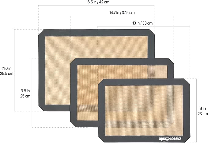 Amazon Basics Rectangular Non-Stick Silicone Baking Mat, Food Safe, Heat Resistant, 9"x13", 9.9"x14.8", and 16.5"x11.6", Beige/Gray, Pack of 3