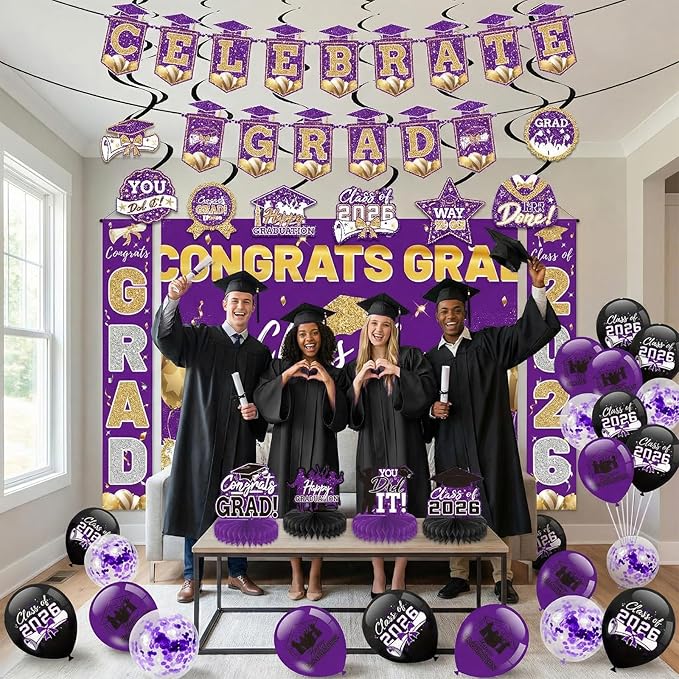 Purple 2026 Graduation Party Decor Kit-Includes Backdrop, Banner, Balloons, Hanging Ornaments & Honeycomb Decorations for Class of 2026 -Full Set for High School and University Graduation Events