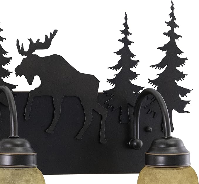 VAXCEL Yellowstone 2-Light 16.75 inch Wide Burnished Bronze Rustic Cabin Bathroom Vanity Lighting Fixture, Amber Flake Glass Shade, Moose, Trees, Dimmable LED Compatible Over the Mirror Wall Mounted
