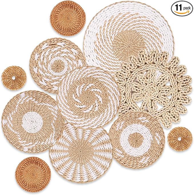 Boho Wall Basket Decor Set of 11 - Hanging Woven Bulrush Basket Wall Decor, Handcrafted Round Flat Baskets Wall Art, for Rustic Farmhouse、Home - Unique Rattan Wicker Wall Decor（White Retro）
