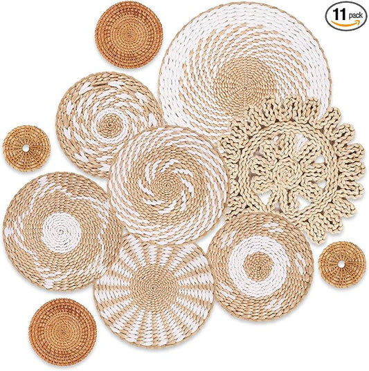 Boho Wall Basket Decor Set of 11 - Hanging Woven Bulrush Basket Wall Decor, Handcrafted Round Flat Baskets Wall Art, for Rustic Farmhouse、Home - Unique Rattan Wicker Wall Decor（White Retro）