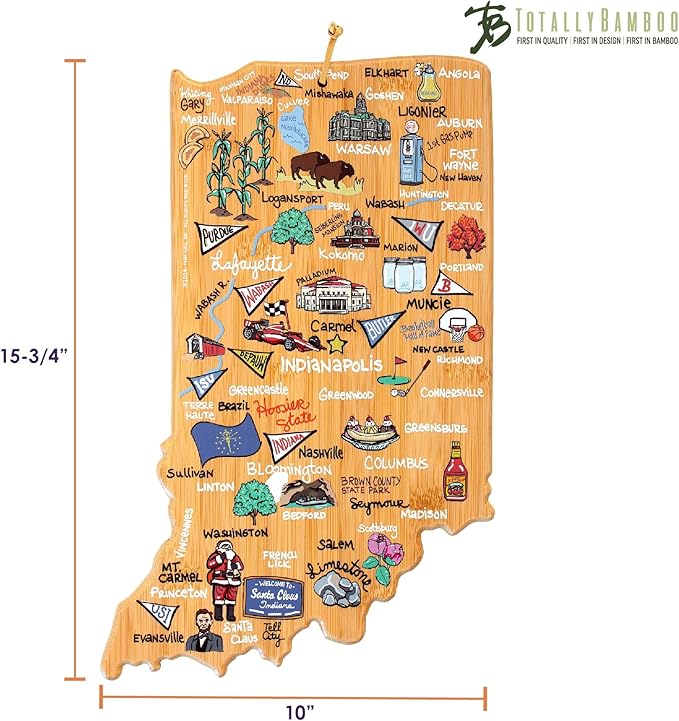 Totally Bamboo Indiana State Shaped Cutting Board and Charcuterie Serving Platter with Artwork by Fish Kiss, Includes Hang Tie for Wall Display