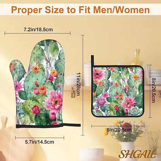 Flower Cactus Oven Mitts with Matching Potholders - Heat Resistant Kitchen Accessories for Baking, Grilling, Cooking, Gifts for Women