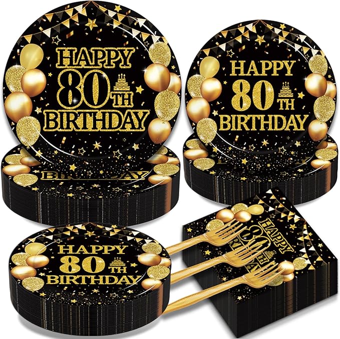 Kepeel 200Pcs 80th Birthday Party Tableware Set, Back in 1946 Birthday Party Decorations Supplies for Men Women Cheers to 80 Years Disposable Paper Plates Napkins Forks Favors, Serve 50