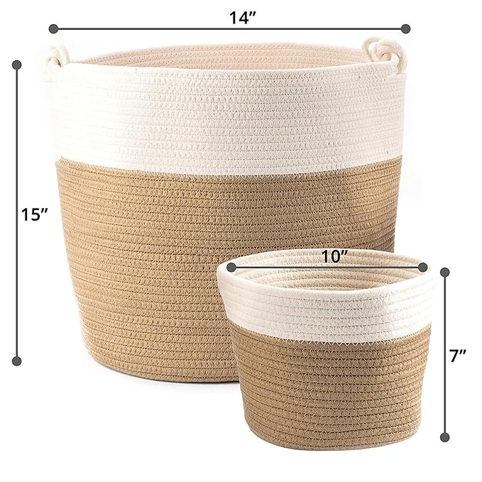 Little Hippo 2pc Large Cotton Rope Basket, White (16"x15") 100% Natural Cotton! Laundry Basket, Woven Storage Basket, Blanket Basket Living Room, Toy Storage Basket, Pillow Basket, Round Basket