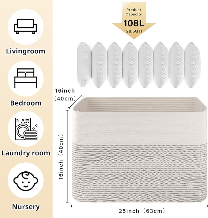 OIAHOMY 108L Extra Large Blanket Basket, 25”x16”x16” Laundry Basket, Blanket Storage for Living Room, Dog Toy Storage with Handle - Black & White