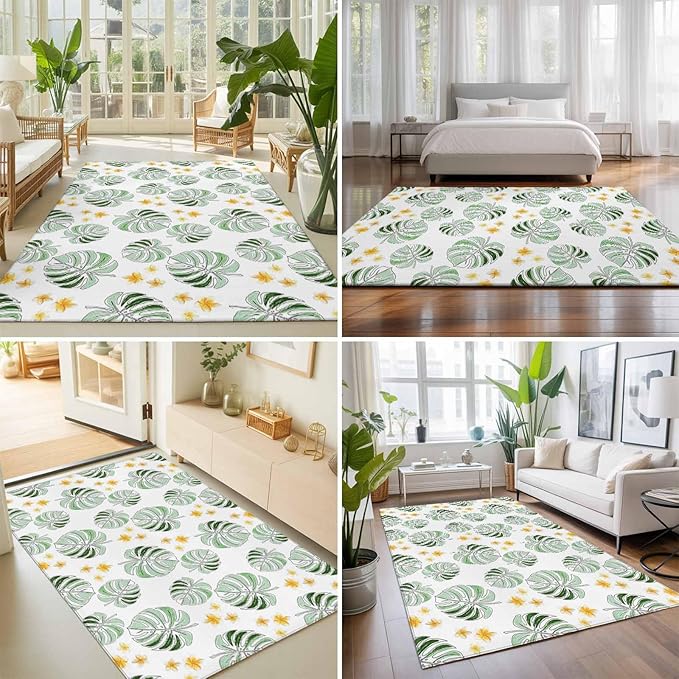 Area Rug 4x6ft, Summer Palm Leaves Pattern Washable Rugs for Living Room Bedroom, Scattered Starburst Flowers Soft Non-Slip Area Rugs Rectangle Floor Carpet for Dining Room