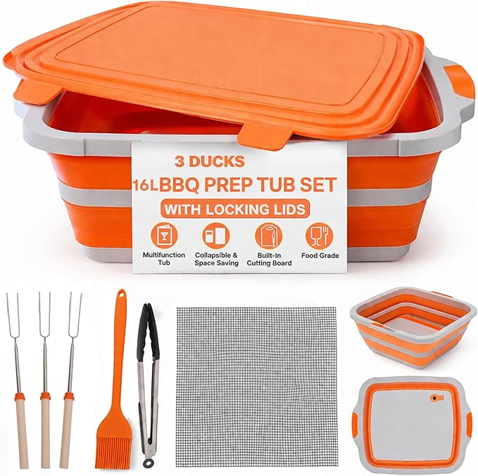 Ducks Collapsible BBQ Prep Tub 16L Orange | Portable Meat Marinating Container with Locking Cutting Board Lid, BBQ Tongs, Grill Mesh, Silicone Brush & 3 Roasting Sticks for Camping & Outdoor Grilling