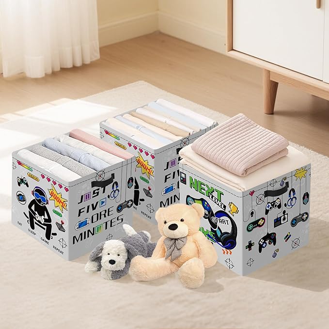 Clastyle 3 Pack 11.8'' Fabric Gamer Storage Basket for Shelves Collapsible Closet Organizers with Metal Frame Bottom Board Large Gamepad Clothes Toy Book Cube Bin for Playroom Bedroom,Grey