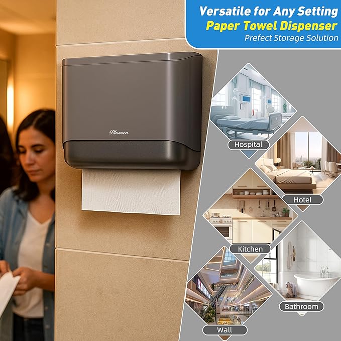 Paper Towel Dispenser Wall Mount for Home Bathroom Kitchen, ABS Waterproof Folded Hand Towel Holder with Window, No-Drill or Screw Install, 200 C-Fold Multi-Fold Capacity