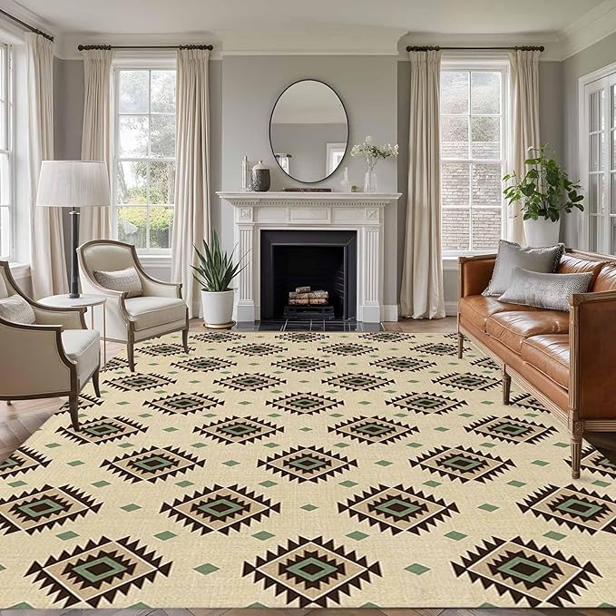 Area Rug 8x10ft, Boho Tribal Diamond Pattern Washable Rugs for Living Room Bedroom, Ethnic Style Art Soft Non-Slip Area Rugs Rectangle Floor Carpet for Dining Room