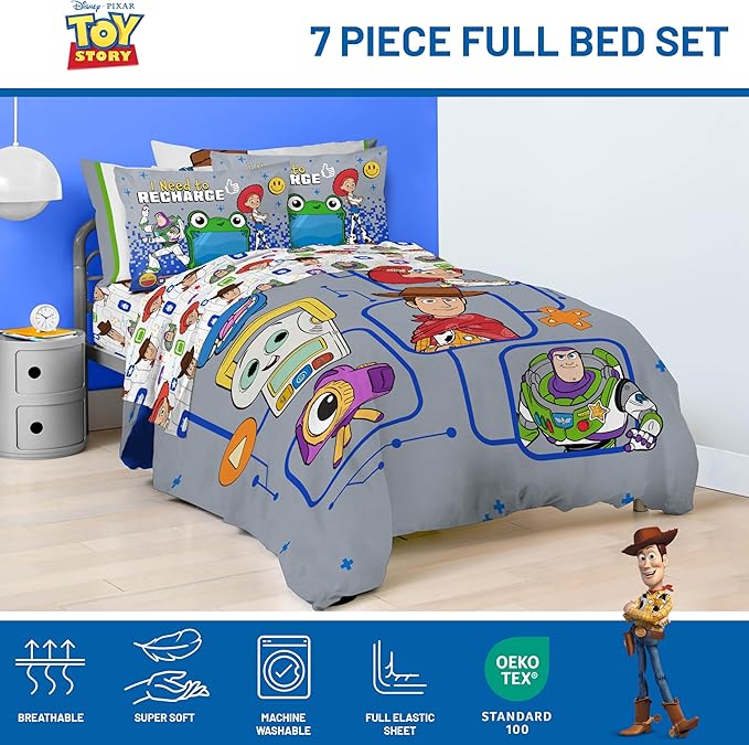 Jay Franco Kids Comforter Set Includes Sheets and Pillow Covers - Soft and Cozy Bed Set for Stylish Room Decor, Official Licensed Bedding, Grey - Toy Story, 7 Piece Full