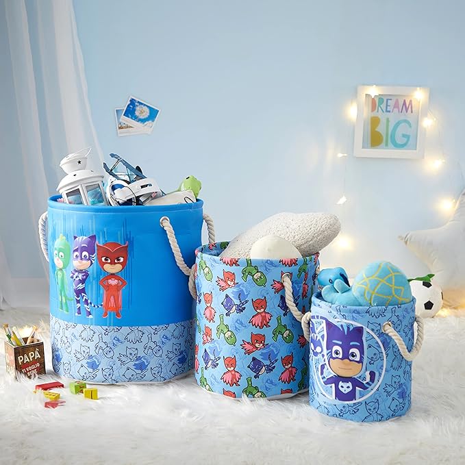 PJ Mask 3 Piece Multi Size Fabric Nestable Toy Storage Basket Set, with Rope Carry Handles