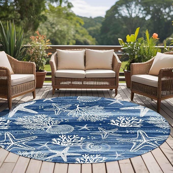 Navy Blue Coastal 5ft Round Rug, Ocean Coral Starfish Non-Skid Rubber Backing Large Area Rugs - Living Room Bedroom Home Office, Summer Beach Indoor Floor Mat Carpets Washable Rug