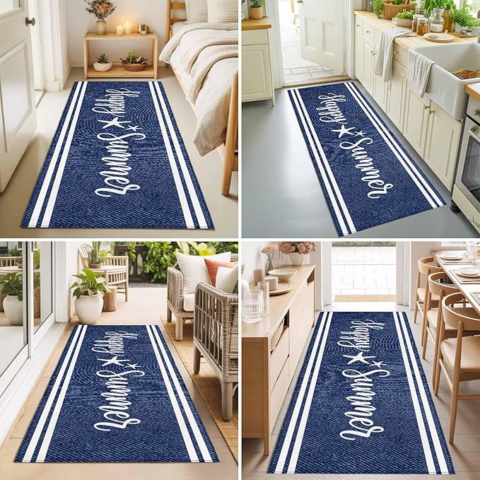 Runner Rug for Bedroom Hallway, Happy Summer Quote Ocean Starfish Kitchen Runner Rugs Area Rug 2x6ft, Navy Blue Stripe Denim Texture Washable Soft Floor Carpet for Entryway Stair