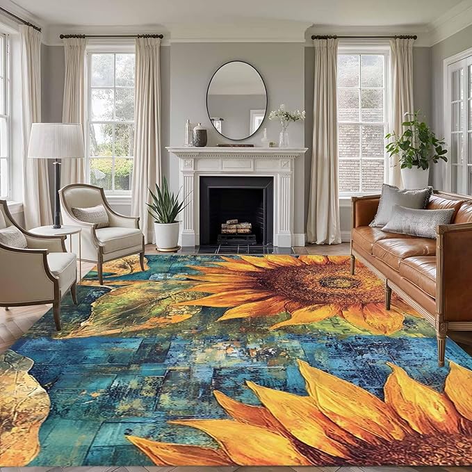 Area Rug 8x10ft, Rustic Golden Sunflower on Teal Blue Washable Rugs for Living Room Bedroom, Abstract Floral Soft Non-Slip Area Rugs Rectangle Floor Carpet for Dining Room