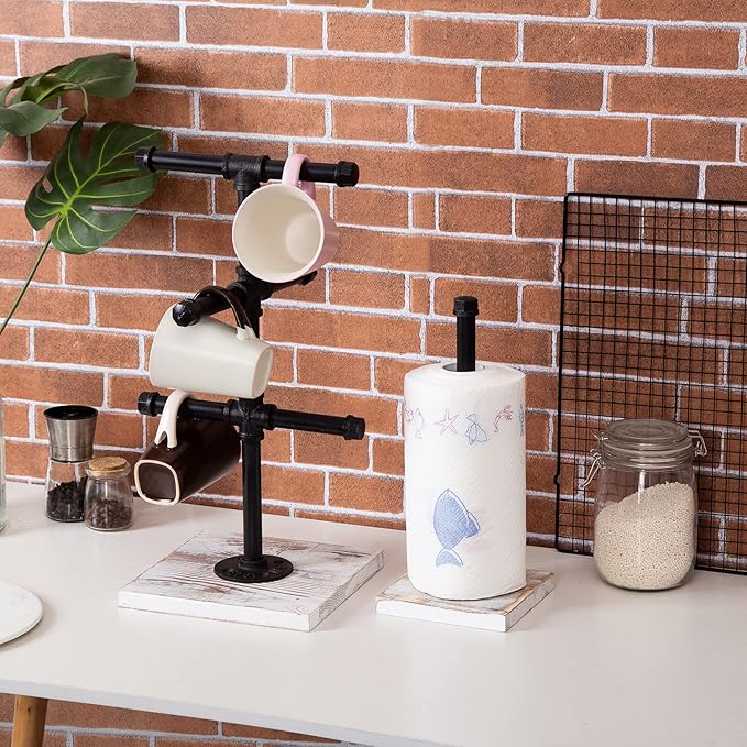 Mug Hanging Rack Kitchen Paper Towel Holder 2 Piece Industrial Black Metal Pipe Rustic White Washed Wooden Base Wood Organizer Multiple Branches Tree Coffee Cups Teacups Tissue Home Counter