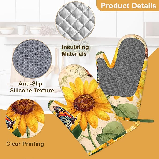 Sunflower Floral Butterfly Oven Mitts and Pot Holders Sets,Silicone Kitchen Mitts Potholders Heat Resistant 4Pcs Oven Gloves Hot Pads for Kitchen Baking Cooking