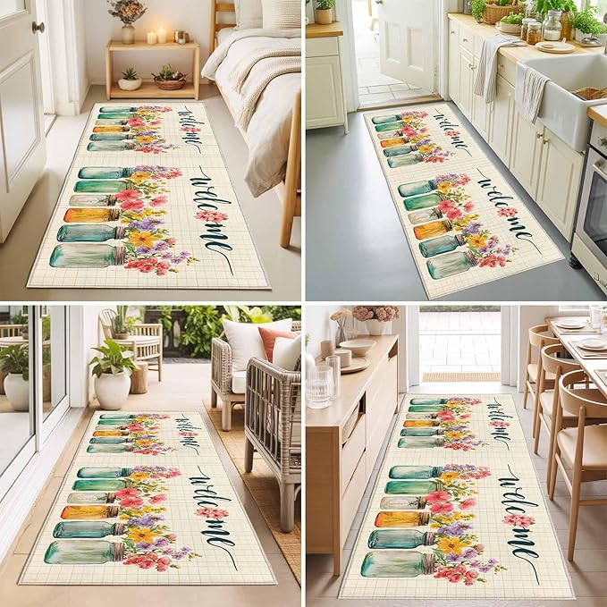 Runner Rug for Bedroom Hallway, Summer Pastoral Flower Buffalo Plaid Kitchen Runner Rugs Area Rug 2x6ft, Rustic Blossom Floral Washable Soft Floor Carpet for Entryway Stair