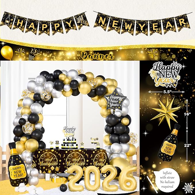 2026 New Year's Eve Party Decorations, Happy New Year Party Supplies Indoor Kit, 2026 Black Gold New Year Eve Party Decorations with Balloon Garland Banner Backdrop Foil Balloon Cake Cupcake Toppers