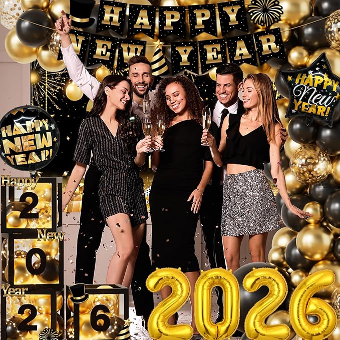 119Pcs New Years Eve Party Supplies -2026 Balloon Arch Garland Kit with Backdrop,Banner,Balloon Boxes for Happy New Year Decorations 2026