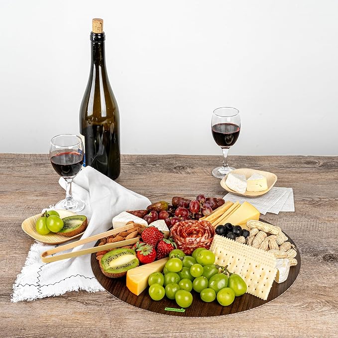 Restaurantware Cater Tek 13.8 Inch Charcuterie Boards 10 Faux Wood Cheese Boards - Round Stackable Dark Paper Cardboard Charcuterie Boards Disposable For Serving At Catered Events
