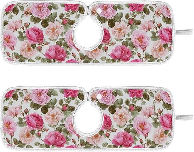 Kitchen Faucet Absorbent Mat,Pink Rose Flower Floral Water Splash Guard for Sink, Faucet Drip Catcher Thicken Sponge Microfiber Faucet Water Catcher Mat Sink Absorbent Mat for Kitchen 14x5in 2 Pack