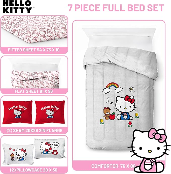 Jay Franco Sanrio Hello Kitty Full Size Comforter Set - 7 Piece Red & Grey Bedding Includes Sheet Set & Pillow Covers - Super Soft Cozy Kawaii Bedding