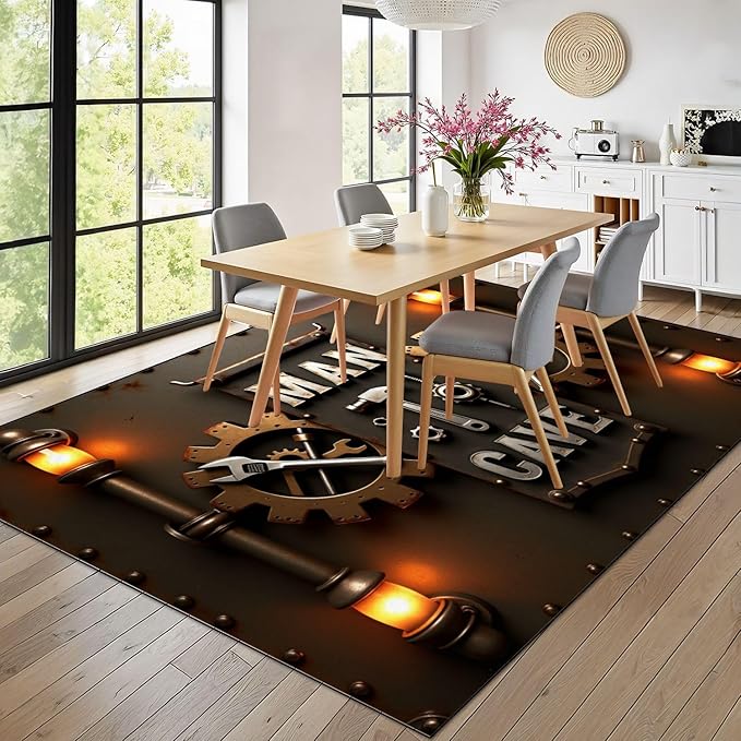 10x14 Area Rugs for Bedroom Boho Washable Man Cave Rug for Living Room Industrial Steampunk Man Cave Sign Tools Gears Soft Rubber Backed Non-Slip Large Carpets for Boys