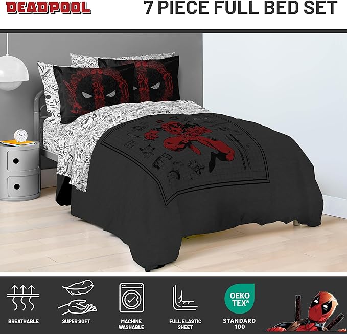 Jay Franco Marvel Deadpool Full Size Comforter Set - 7 Piece Bedding Includes Sheet Set and Pillow Covers - Gray and Red Super Soft Cozy Bedding
