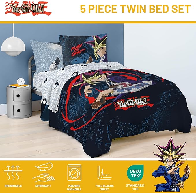 Jay Franco Yu-Gi-Oh! Twin Size Comforter Set - 5 Piece Bedding Includes Sheet Set & Pillow Covers - Super Soft Cozy Bedding
