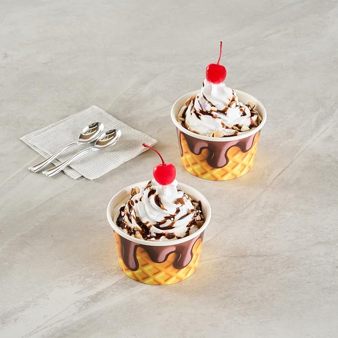 Restaurantware Ice Cream Cups 50 Pack of 8 oz Leak-Resistant Disposable Dessert Bowl Frozen Yogurt Cup Round Paper Container For Cold And Hot Desserts