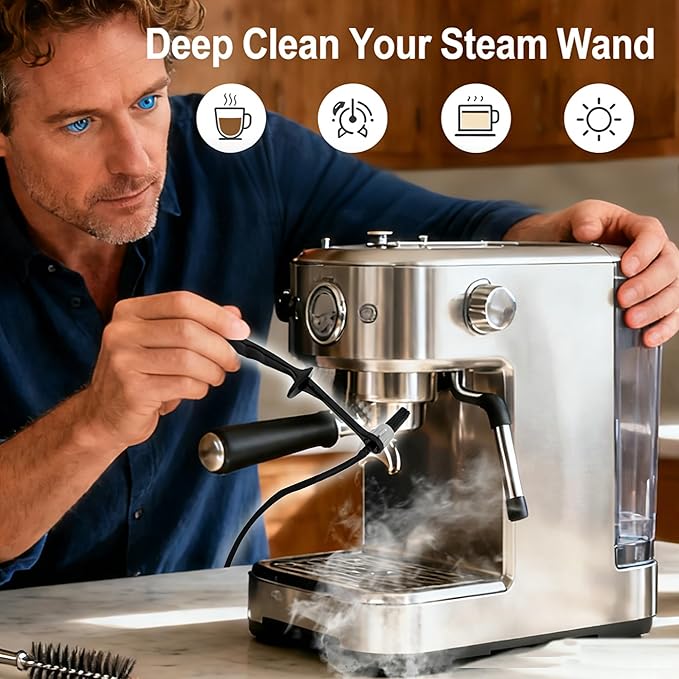 Coffee Machine Steam Brush, 36 Inch Silicone Hose Espresso Steam Wand Cleaning Tool with Spoon End for Barista Espresso Maintenance (Black+One replacement head + two hose clamps)