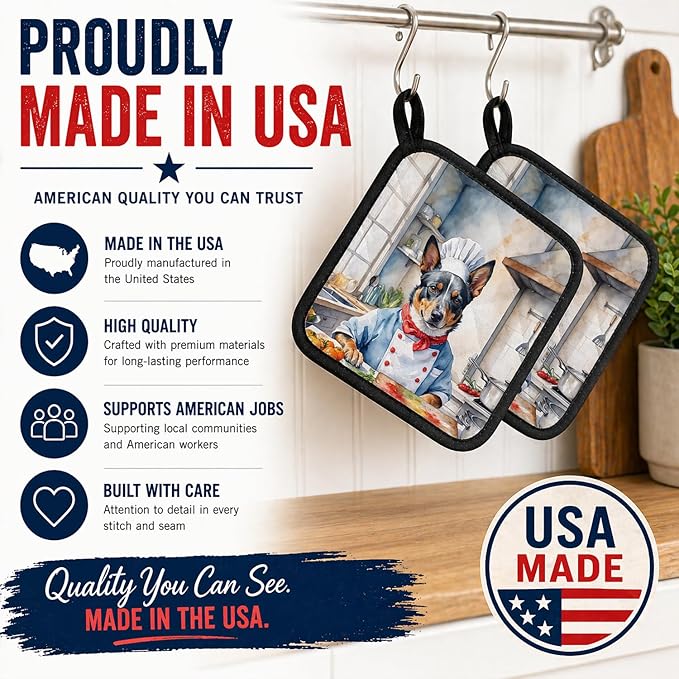 Caroline's Treasures Australian Cattle Dog The Chef Pair of Pot Holders Kitchen Heat Resistant Pot Holders Sets Oven Hot Pads for Cooking Baking BBQ, 7 1/2 x 7 1/2