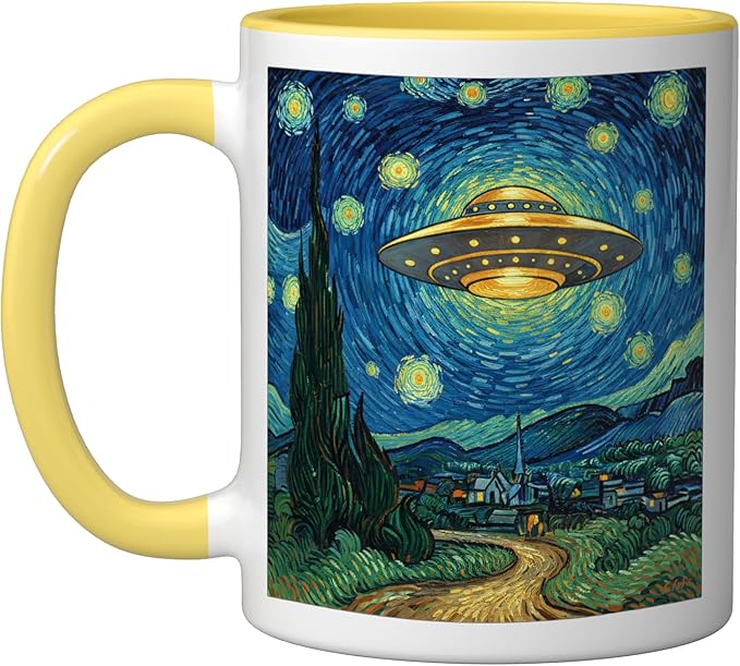 Ufo Over Starry Night Van Gogh Style Sci Fi Saucer Art Ceramic Mug, Yellow/White