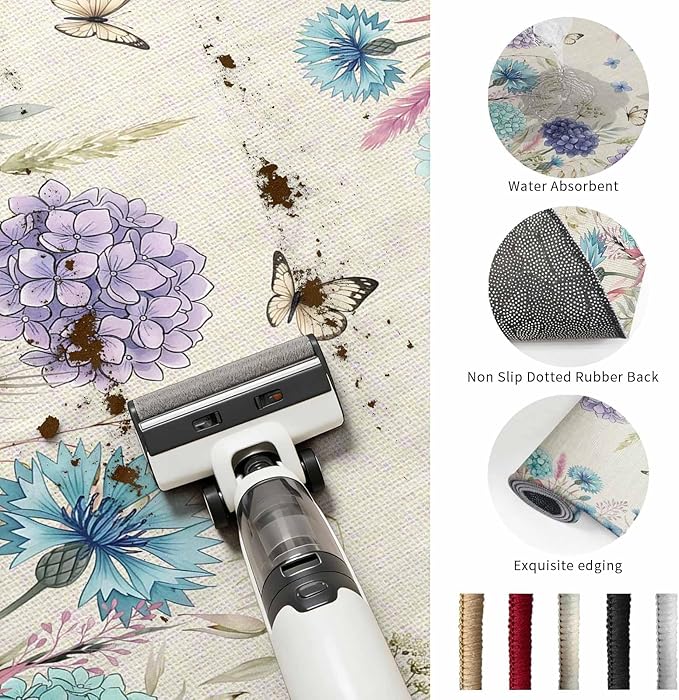 Washable Round Area Rug Farm Blossom Floral Hydrangea Circle Rugs Floor Carpet for Living Room Bedroom, Watercolor Butterfly on Linen Soft Non Slip Round Rug 3ft