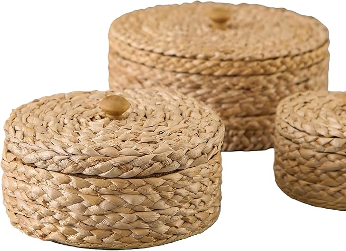 SOFE Round Rattan Storage Boxes with Lids Set of 3, Handwoven Wicker Basket, Small Baskets for Shelves, Boho Organizer Desk, Living Room Home Decoration
