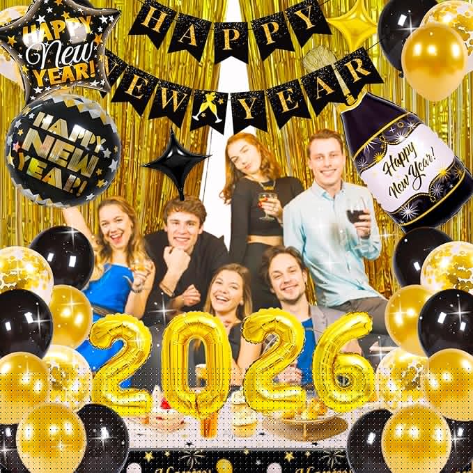 Happy New Year Decorations 2026, New Years Eve Party Supplies 2026, New Years Decoration Set with 2026 Number Balloons, Happy New Year Banner, Champagne Curtains Backdrop for NYE Party Decorations