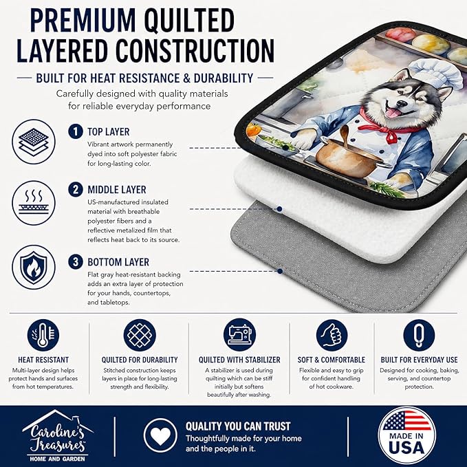 Caroline's Treasures Alaskan Malamute The Chef Pair of Pot Holders Kitchen Heat Resistant Pot Holders Sets Oven Hot Pads for Cooking Baking BBQ, 7 1/2 x 7 1/2
