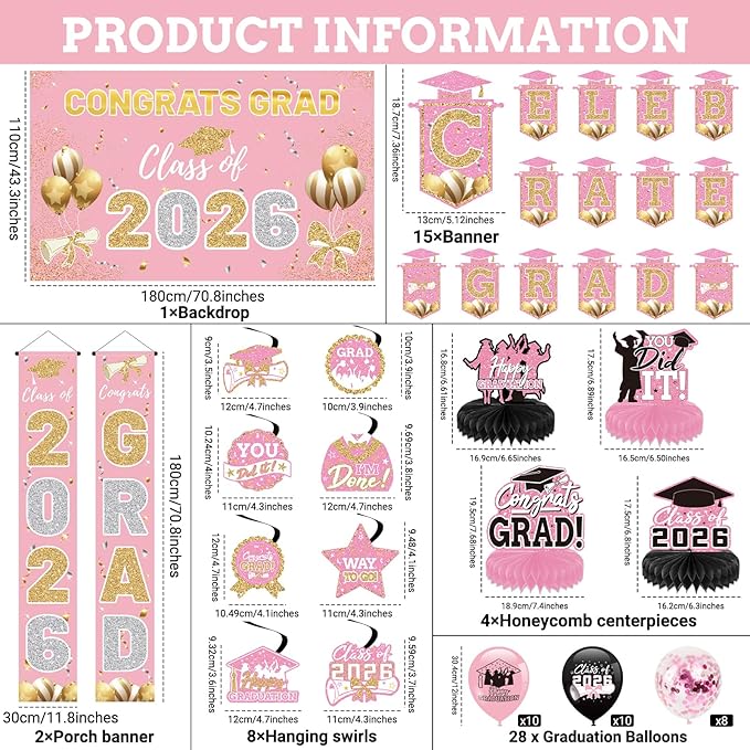 Pink 2026 Graduation Party Decor Kit-Includes Backdrop, Banner, Balloons, Hanging Ornaments & Honeycomb Decorations for Class of 2026 -Full Set for High School and University Graduation Events