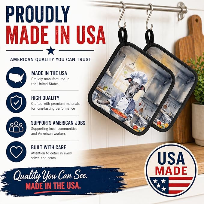 Caroline's Treasures Greyhound The Chef Pair of Pot Holders Kitchen Heat Resistant Pot Holders Sets Oven Hot Pads for Cooking Baking BBQ, 7 1/2 x 7 1/2