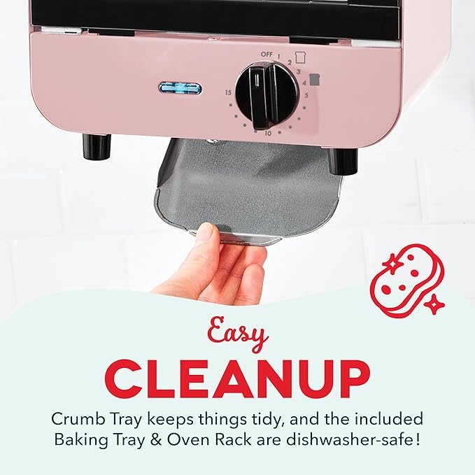 Dash Mini Toaster Oven - Sleek & Stylish - For Creative Homemade Treats - Compact, Space-Saving Design - adjustable temperature dial - Removable Baking Tray - Pink