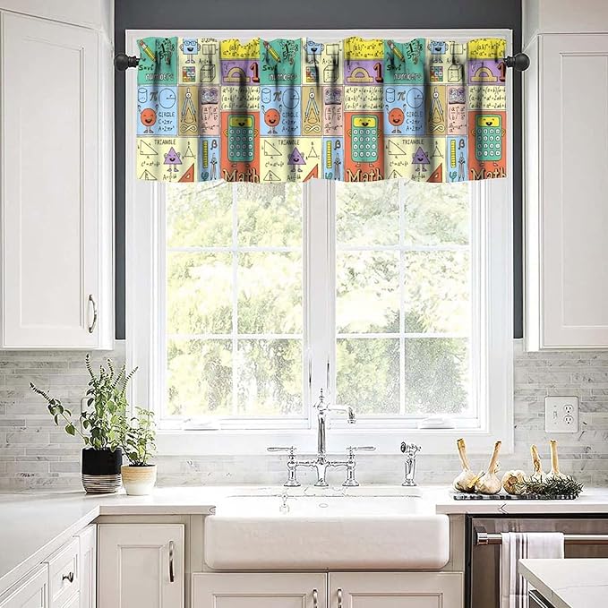 Fun Math Valance, Kids Fun Mathematics Educational Study Learning Small Window Drapes for Kitchen Bedroom School Classroom Decor, 54x18Inch