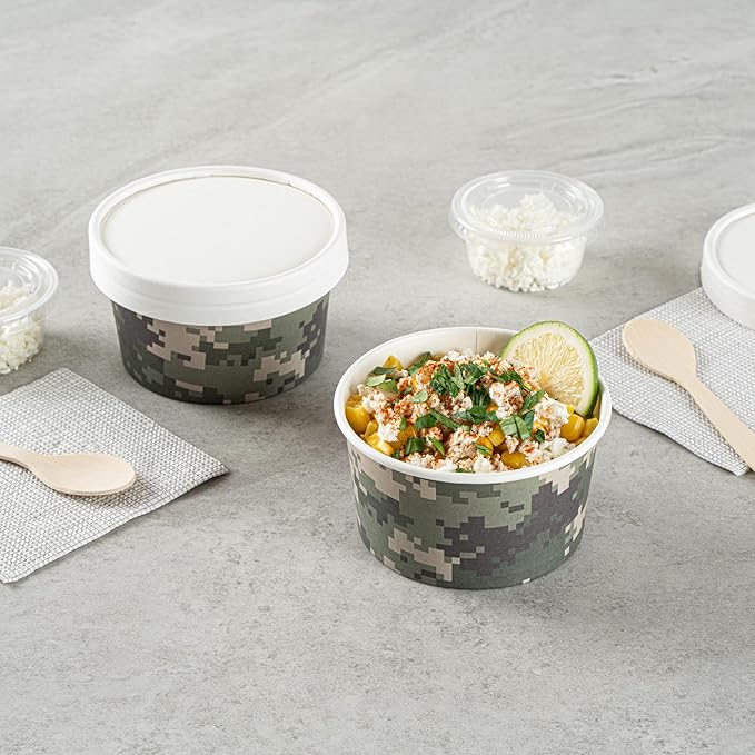 Coppetta 8 Ounce Dessert Cups, 80 Disposable Ice Cream Cups - Lids Sold Separately, Sturdy, Camouflage Paper FroYo Bowls, For Hot And Cold Foods, Perfect For Gelato Or Mousse - Restaurantware