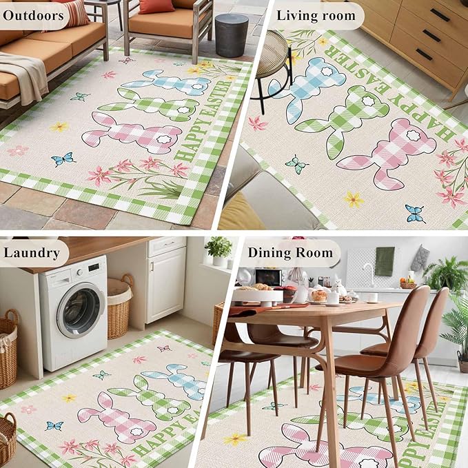 Area Rug 3x5ft, Happy Easter Bunny Shadow Flowers Washable Rugs for Living Room Bedroom, Retro Linen Cotton and Grid Soft Non-Slip Area Rugs Rectangle Floor Carpet for Dining Room