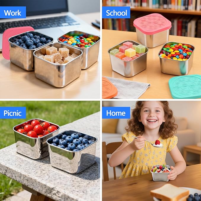 6 oz Stainless Steel Snack Containers with Lids - 8 Pack Meal Prep Lunch Boxes, LeakProof Metal Snack Containers, Stackable Dip Cups for Fruit, Cookie, Candy, Sauce