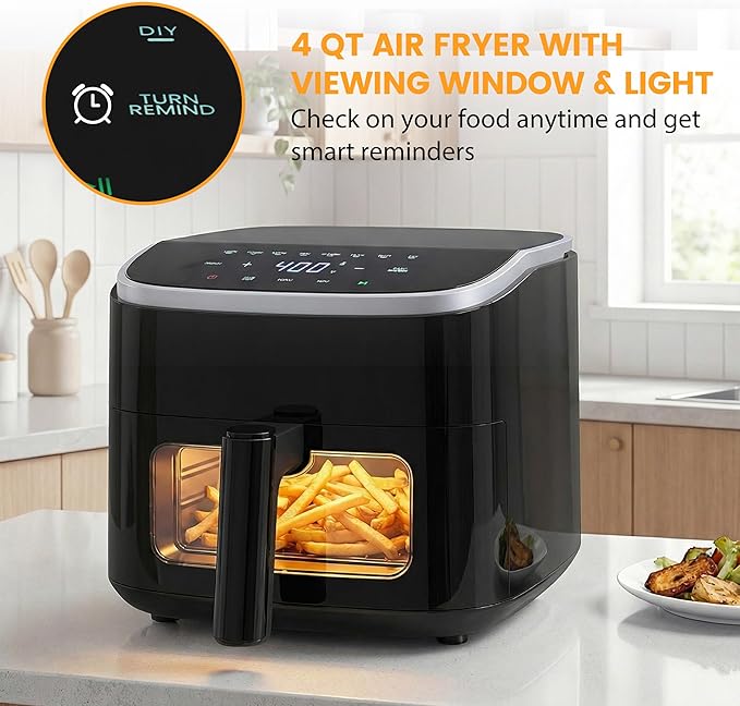 Sweetcrispy Air Fryer 4 Quart with Window, 1500W Digital Airfryer with 8 Presets, 60-Min Timer, Max 400°F, Auto Shut Off & Nonstick Dishwasher Safe Basket, Shake Reminder for Small Kitchen