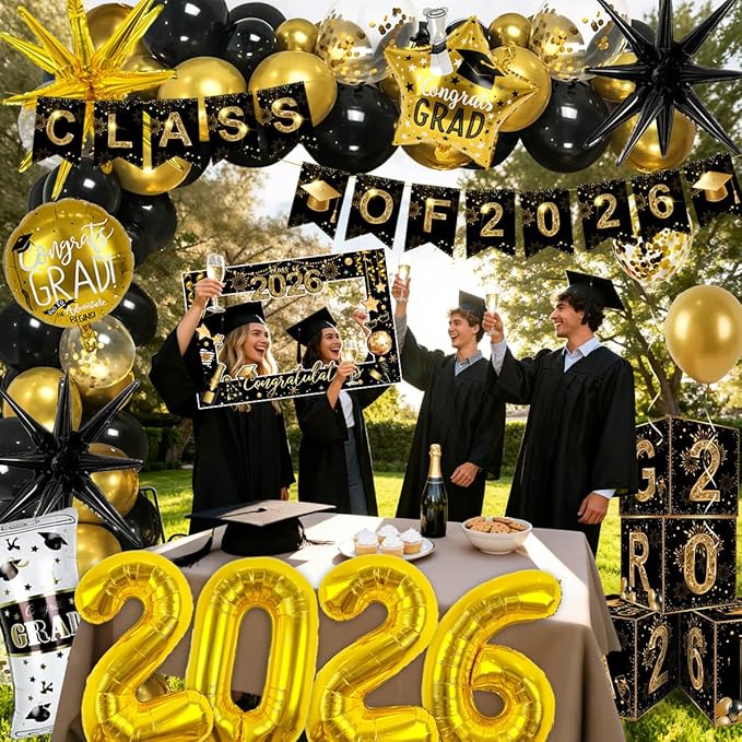 2026 Graduation Decorations Class of 2026 Black and Gold Congrats Grad Balloons,Banner,Backdrop,Photo Booth Props,Cards Boxes Kit for Graduation Party Decorations in Indoor or Outdoor (Graduation)
