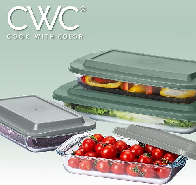 COOK WITH COLOR 8-Piece Deep Glass Baking Dish Set with Plastic Lids – Casserole and Food Storage Containers for Lasagna, Leftovers – Freezer-to-Oven, Microwave & Dishwasher Safe, Sage